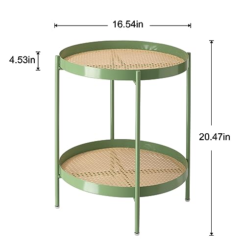 danpinera All Metal Side Table, 2 Tier Green End Table with Imitation Rattan Pattern on Removable Trays, Round Table for Small Spaces, Small Tables for Living Room 20.47 Inch x 16.54 Inch - Thumbnail 3