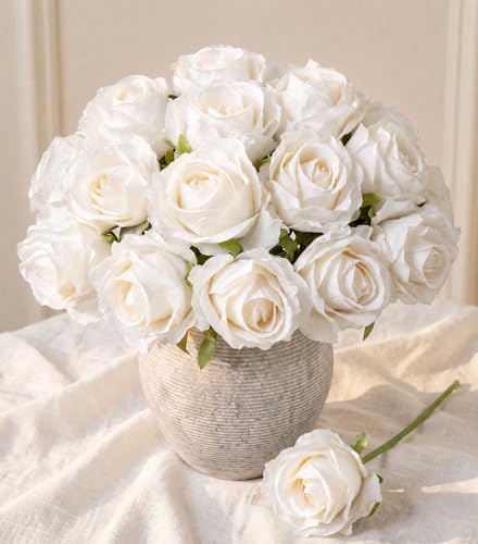 Ivydale 18pcs White Roses Artificial Flowers Fake Roses Silk Flowers with Stems Realistic Bouquet for Wedding Party Mothers Day DIY Centerpiece Floral Romantic Gifts