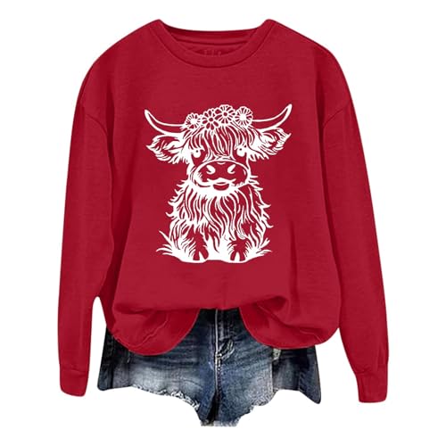 Sweat-shirt femme col rond rouge manches longues imprimé vache mode automne hiver