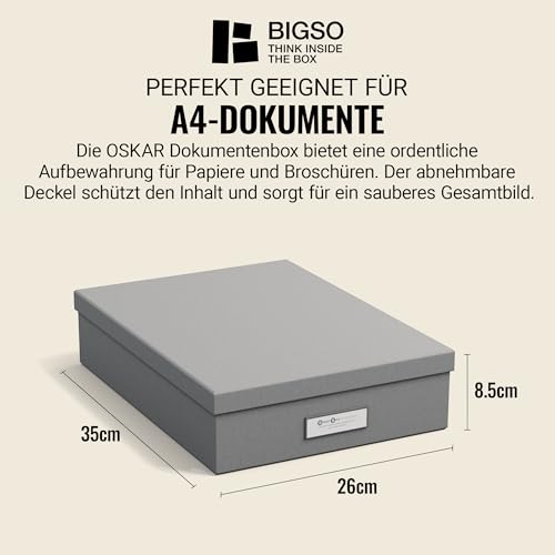 BIGSO OSKAR Dokumentenbox A4 – Aufbewahrungsbox mit Deckel und Griff – Schreibtischablage für Papier, Broschüren & Dokumente – Regal Aufbewahrungsbox aus Faserplatte und Papier – schwarz