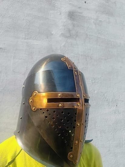Medieval Black Knight Steel Helmet 18 Gauge Battle Ready Armor | Mild Steel Construction, Cosplay & LARP Use, 25 Inch Circumference, Cross Design Visor, Brass Accent Finish