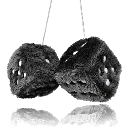 Pair 3 Black with White Dots Mirror Fuzzy Plush Dice Black and White Soft Plush Car Decorative Hanging Ornament