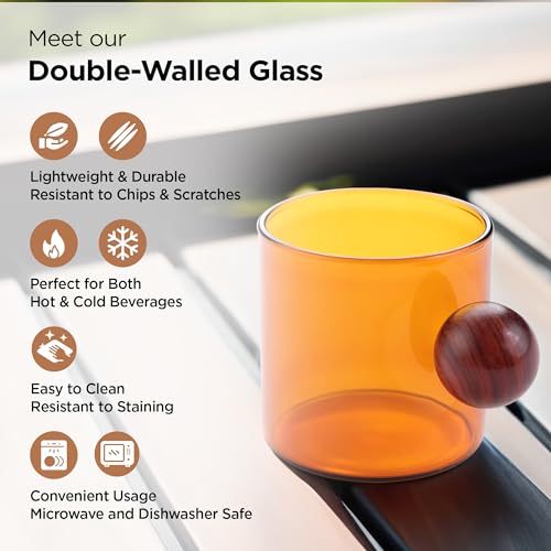 Image of UMAI Borosilicate Glass Coffee Mug with Wooden Handle | Tea Cups Set of 2 (120ml Each) | High Heat Resistance | Microwave and Dishwasher Safe | Ideal Gifts for Friends /Family /Couples (Amber)