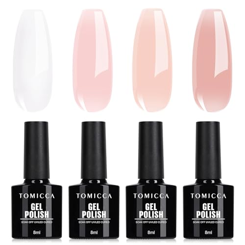 TOMICCA Vernis Semi Permanent Kit, 4 Couleurs Transparent Nude Pink Blanc Laiteux Vernis à Ongles gel, Vernis Gel UV Naturel Soak-Off UV/LED Manicure Gel Lacquer...