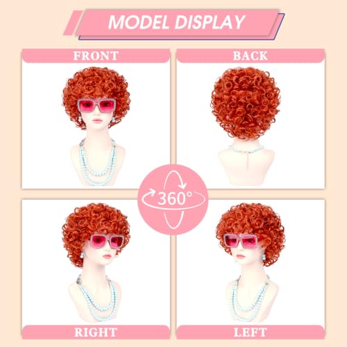 Image of Women Roper Curly Orange Red Cosplay Wig with Necklace Earrings and Sunglasses for Women Hallween Costume Wig