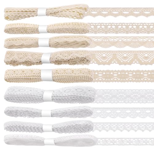 Glarks 9 Rolls 41m Cotton Lace Trim, 9 Styles Beige and White, Vintage Ribbon Cotton Lace Trim, Cotton Crochet Lace Ribbon, Craft Lace Crochet Sewing for Gift Package Wrapping, Wedding Decoration