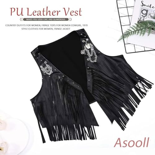 Asooll Black Fringe Vest Leather Punk Vests Jacket for Women2
