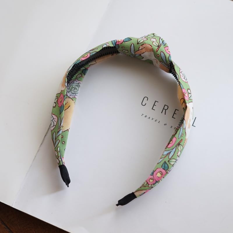 Women's Fashion Headbands - Vintage Ethnic Style Wide Knot Hair Accessories, Floral Fabric Headbands for Women (23-Grass Gree, One Size) - Image 5