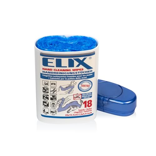 ELIX Handreinigungstücher - Feuchte Reinigungstücher – Handreinigungstücher Werkstatt und Haushalt – Putztücher im Spender – 18 Reinigungstücher Hände 20 * 15,5 cm Blau - Für zu Hause und Unterwegs