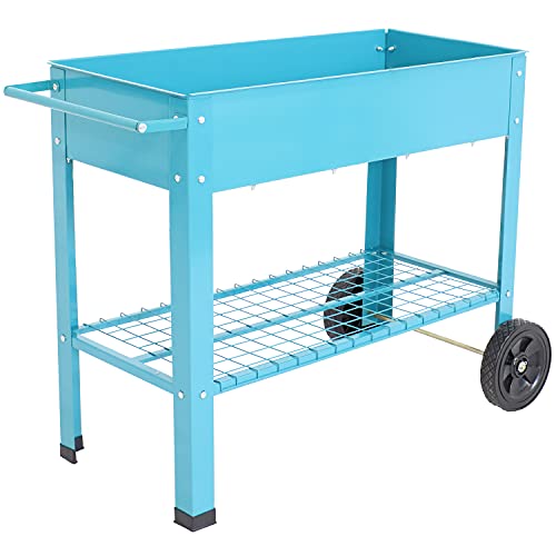Sunnydaze 43-Inch Galvanized Steel Raised Garden Bed Cart - Outdoor Elevated Planter with Wheels for Vegetables - Blue