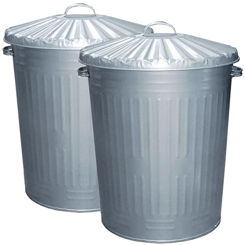 2x Large Galvanised Metal Bins with Dustbin Lids - 95 Litre Bins Ideal for Home, Kitchen, Outdoor Use and Animal Feed