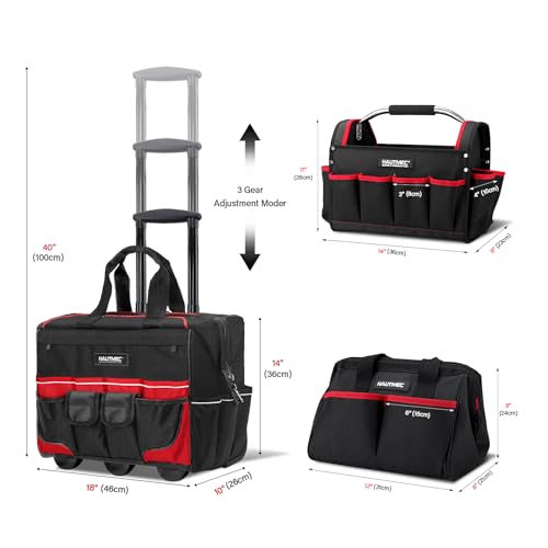 HAUTMEC 3-Piece Rolling Tool Bag Set, 18" Tool Bag on Wheels, 15" Open Tool Tote & 12" Samll Foldable Bag, Heavy-Duty Wide Mouth Tool Box with High-Density Oxford, Off-Road Wheels – HT0287 - Image 2