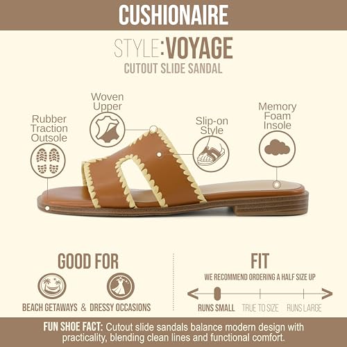 Image of CUSHIONAIRE Voyage Cutout Strap Slides for Women, Slip On Summer Flats, Trendy Footwear, Memory Foam Vegan Leather Comfortable Vacation Style Sandals