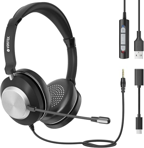 Voistek Casque avec Micro, 【3-en-1】 Type-C/USB-A/Jack 3.5 mm, Casque Audio Filaire avec Micro Réduction de Bruit pour PC, Téléphone, Bureau,...