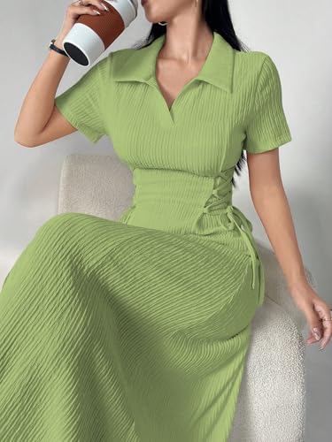 Image of Shasmi Women's Solid Color Applique Lace-Up Collared Short Sleeve, Side-Tie Waist Long Casual Maxi Women Dress Outfit Long Evening Midi Western Party Dress for Women (Dress 211)