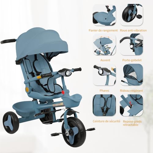 OHMG Baby-Dreirad mit Elterngriff, 10 Monate bis 4 Jahre, 0-25 kg, verstellbare Größe, bequemer und wendbarer Sitz, Schutzverdeck, kompaktes Falten, Babyfahrrad – Bild 7