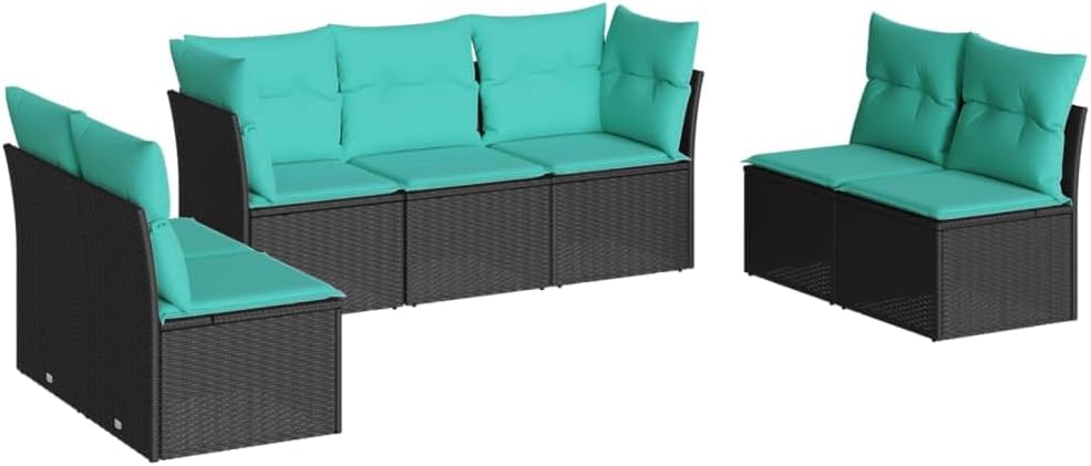 vidaXL Patio Sofa Set with Cushions - 7 Piece Modular Outdoor Furniture - Black Poly Rattan, Blue Cushions - Weather- Garden Lounge - Assembly Required