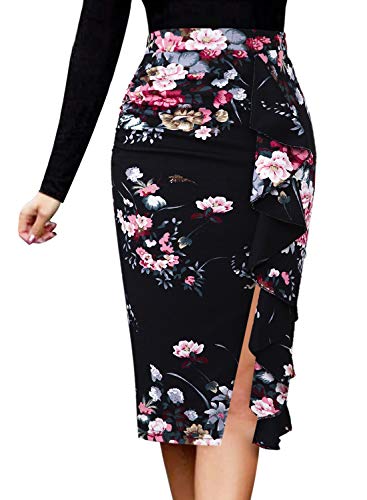 VFSHOW Womens Black Multi Floral Print Elegant Ruched Ruffle Split Slim Work Business Office Cocktail Party Bodycon Pencil Skirt 5079 BLK M