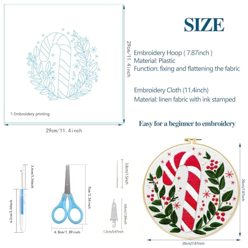 Image of Zhenqing Christmas Embroidery Kit for Beginners - 4 Piece 29x29cm Round Designs with Embroidery Hoop, Threads & Tools (Snowy Cabin, Fireplace, Candy Cane, Holly)(C0066)
