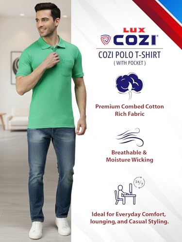 Image of Lux Cozi Men's Polo T-Shirt Regular Fit Half Sleeves with Pocket | Cotton Blend Polo Neck Collar T-Shirt for Men | Casual, Office Comfortable Breathable T-Shirt | Stylish Plain Tee