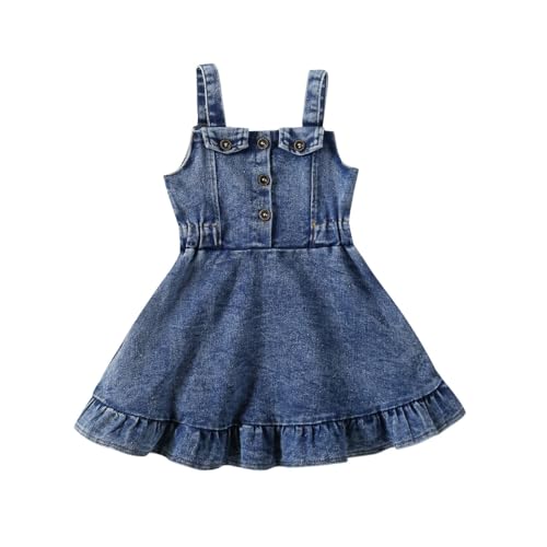 HEOXIN Newborn Baby Girls Button Denim Dress, Infant Sleeveless Suspenders Princess Dress with A-line Hem for Shooting Birthday Party 3-4 Years, Blue