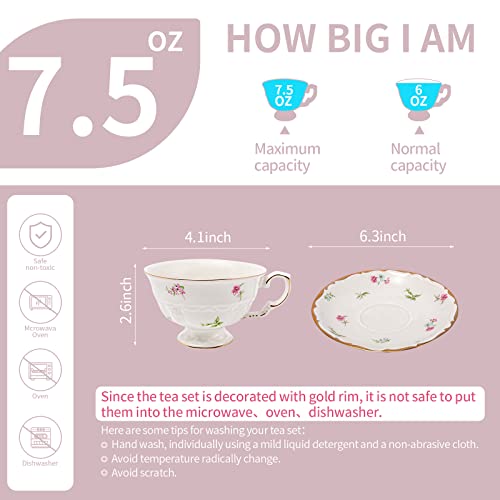 Zealax Tea Cup And Saucer Set Vintage Tea Cups Floral Coffee Cup, Cream #TOP1