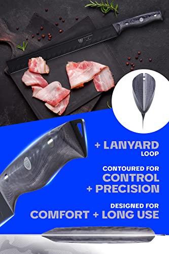 Dalstrong Slicing Knife - 12 inch - Delta Wolf Series Knife - Ultra-Thin & Zero Friction Blade - HC 9CR18MOV Steel - Black Titanium Nitride Coating - Carving Knife - G10 Camo Handle - Leather Sheath