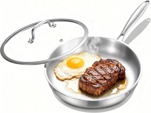 Nontoxicook 20CM Tri-Ply Stainless Steel Frying pan with Lid,Steel Small Skillet 7inch Omelette Egg Pan,Induction Cooking Pan,Compatible with All Cooktops Up to 315℃, Fast & Even Heat