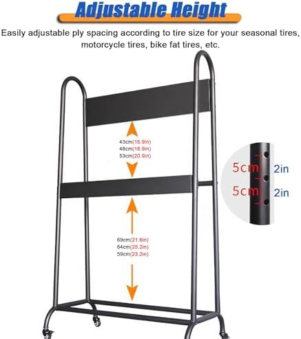 Tyre Rack, Mobile Motorcycle Tire Rack for Garage with Billboard, 2 Shelf Heavy Duty Iron Spare Tyre Bike Fat Tires Organizer Cart, for Warehouse/Shed/Retail Store (Color