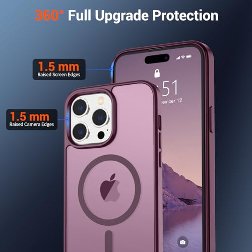 Image of SUPFINE Magnetic for iPhone 14 Pro Case (Compatible with MagSafe) (Military Grade Drop Protection) Slim Translucent Matte Shockproof with Anti-Fingerprint Phone Case,Wine Red