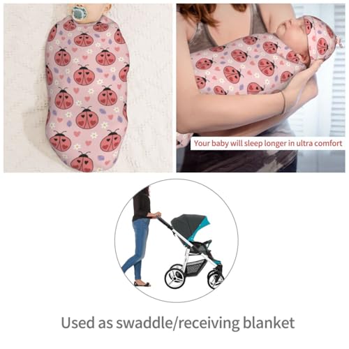Image of Ladybugs Hearts Flowers Newborn Swaddle Blankets Hat Sets Soft Baby Receiving Blanket Swaddle Sack for Baby Shower Infant Boy Girl Gift