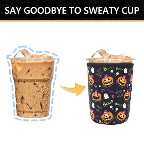 Image of YR Reusable Neoprene Insulator Sleeve for Iced Coffee Cups, 3 Pack Coffee Coolies sleeves for Iced & Hot Drinks, Cold Beverage Cooler Compatible with Starbucks Coffee and More (Halloween Boo)