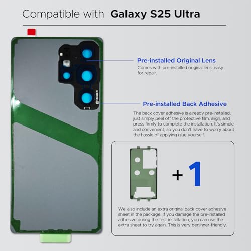Compatible with Galaxy S25 Ultra Back Glass Cover Replacement, with Pre-Installed Camera Lens & Pre-Cut Tape, Includes Instruction, Gray by GREEN FUSION - Used condition - Image 4