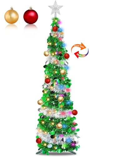 Dual Color Switch&Timer 5 Ft Pop Up Christmas Tree,Tinsel Christmas Tree 50 Warm White&Color Lights 8 Mode Balls 3D Star Sequins Pencil 1 Minute Collapsible Christmas Tree Xmas Office Home Decor