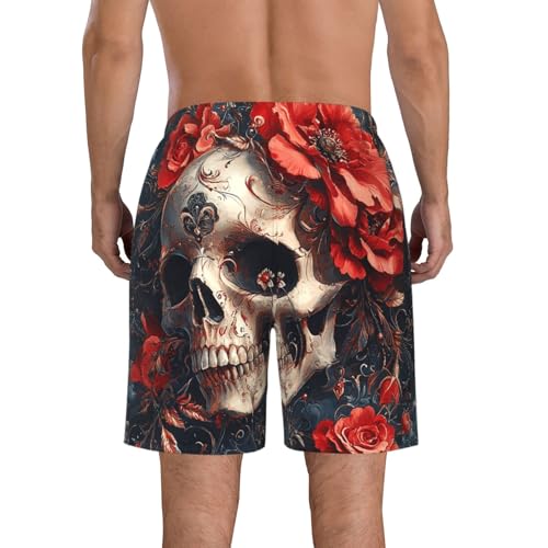 Men's Swim Trunks Beach Board Shorts Swimming Quick Dry - Gothic Skull Red Rose3