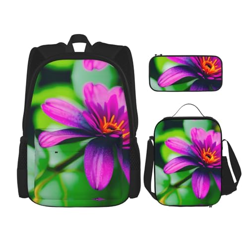 Flower Leaves Purple Red Flower Print 3 Piece Backpack Set, Laptop Daypack, Lightweight Bookbag Set With Lunch Bag Pencil Case