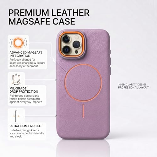 Image of amazon basics Luxury MagSafe Compatible Leather Texture Back Cover for iPhone 13 Pro | Raised Camera Protection | Slim Fit Shockproof Case with Metallic Accents (Purple)