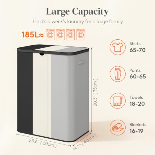 Image of Lifewit 185L 3 Section Laundry Hamper with Lid, Large Laundry Basket with Handles and Removable Bags, Tall Clothes Hamper, Foldable Laundry Sorter for Bedroom Bathroom, Black, Gray, and White