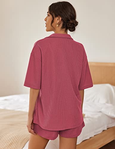 Ekouaer Pajamas for Women Waffle Knit Lounge Set Button Down Loungewear Soft Short Sleeve Pjs Shorts Set S-XXL3