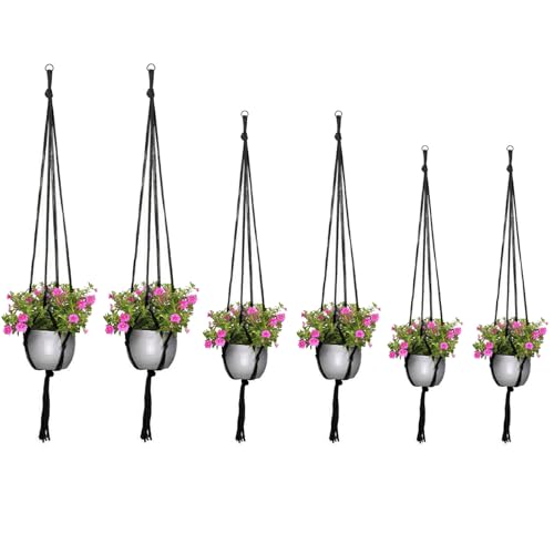 vcsjw 6 Stück Blumenampel Schwarz Baumwollseil Makramee Hängeblumentöpfe,Blumenampel Hängend Innen Außen 60/80/100cm Hängetopf für Pflanzen Hängepflanzen Topf für Decken Balkone Wanddekoration