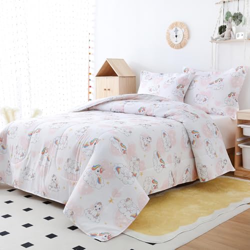 Image of Yibeizi Kids Unicorn Full Bed Comforter Set Pink Heart Bedding