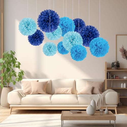 Image of 18 PCS Tissue Paper Pom Poms Flowers, Sizes 6 inch, 10 inch, 12 inch, 14 inch Hanging Paper Flower Ball for Wedding, Birthday, Halloween, Christmas, Baby Shower Party Decor (Blue Royal Blue)