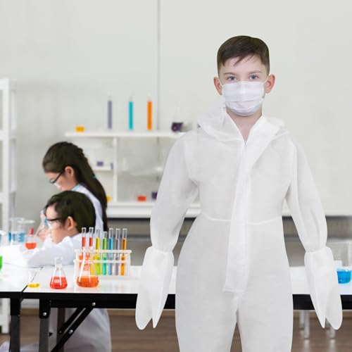 VALICLUD Einweg-Overall für Kinder, mit elastischen Handgelenken, Knöcheln und Kapuze, Nicht porös, Staublüftung, Weiß, mit Handschuh und Schuhabdeckung
