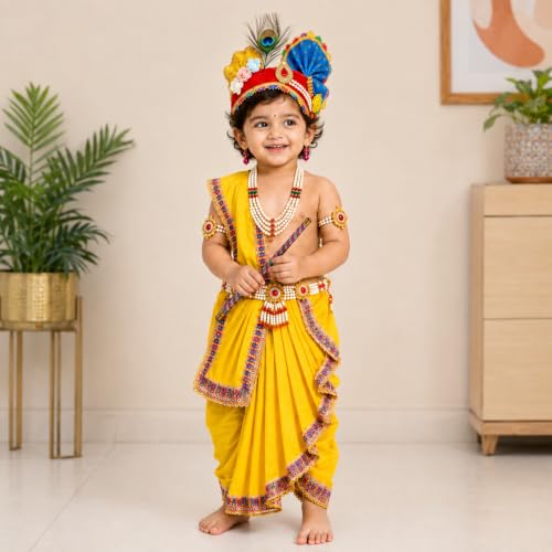 Image of Sarvda Shree Krishna Dress for Baby Boy & Radha Dress for Girls | Janamashtami Dress | Fancy Dress Costume with Accessories Dhoti, Dupatta, Mukut Flute Complete set, Ethnic wear
