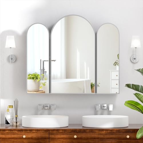 Triple Arched Brushed Nickel Medicine Cabinet,Medicine Cabinet with Mirror,3 Doors,Surface Mount...