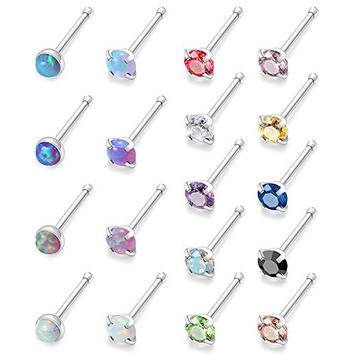 Kridzisw 20G Nose Rings Studs for Women Stainless Surgical Steel Sterling Silver Stud Nose Ring Nostril Straight Nose Pin Bone Body Piercing Jewelry for Womens Mens 2mm 7mm CZ Diamond Crystal Opal