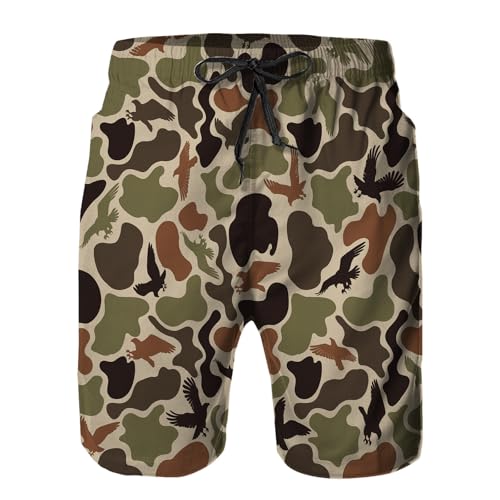 Mens Swim Trunks with Mesh Lining camo Brown Camouflage Eagle Backgrounds Quick Dry Swimsuit Board Shorts Beach Pants Swimwear Bathing Suits L