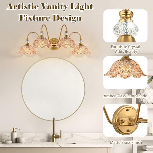 Image of Vintage Bathroom Vanity Light, 4-Light Matte Brass Finish Vanity Light with Floral Amber Glass Shades, Retro Wall Mount Lighting for Bathroom, Dressing Table