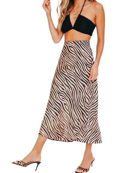 Women's Zebra Print Silk Midi Skirt - 19 Momme Crepe de Chine, High-Waist Flowy Design for Casual/Formal Occasions