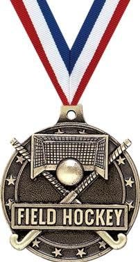 Gold Field Hockey Medals - 2" 3D Hockey Award Medals with Neck Ribbon Prime